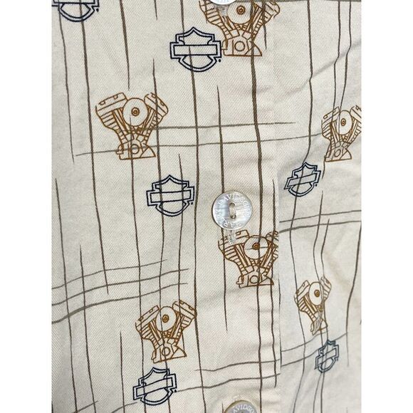 Harley Davidson Tori Richard Printed Engine Button Up Top Aloha Wear Tan Small - Picture 10 of 12